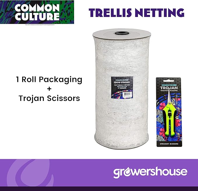 COMMON CULTURE Grow Strong Plant Trellis + Trojan Scissors - 6" Square Soft Mesh Nylon Trellis Netting Bulk Roll - Heavy-Duty Garden Netting for Plants - 5' x 350' - 1 Roll