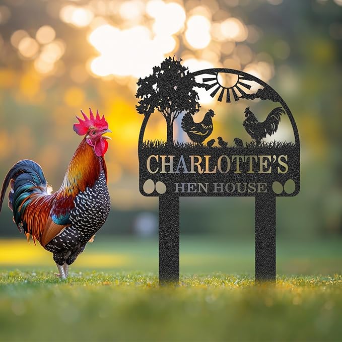 Personalized Metal Chicken Coop Sign, Custom Name Chicken Coop Signs for Outside, Decorative Garden Stakes, Metal Yard Art, Backyard Farmhouse Decor, Chicken Gifts for Women Man Color01
