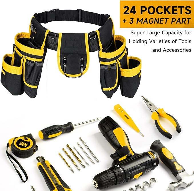 Tool Belt with Suspenders,27-Pockets Heavy Duty Tool Belts for Men with Magnetic Tool Pouch,Detachable & Adjustable Work Belt Bag for Electrician,Carpenter,Construction,Utility Toolbelt,Black,Yellow