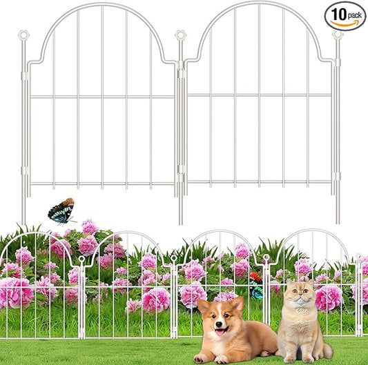 Decorative Garden Fence 17in (H) x 10ft (L), 10 Pack Metal No Dig Garden Fencing Animal Barrier for Dogs & Rabbit, Arched Flower Bed Edging Ornamental with Ground Stake for Yard & Patio, White