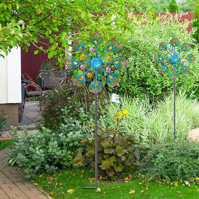 2PCS Wind Spinners Outdoor, 37" Metal Wind Sculpture Yard Art Decorations, Freestanding Windmill for Patio Lawn Garden Decor (2pcs-Blue Green)