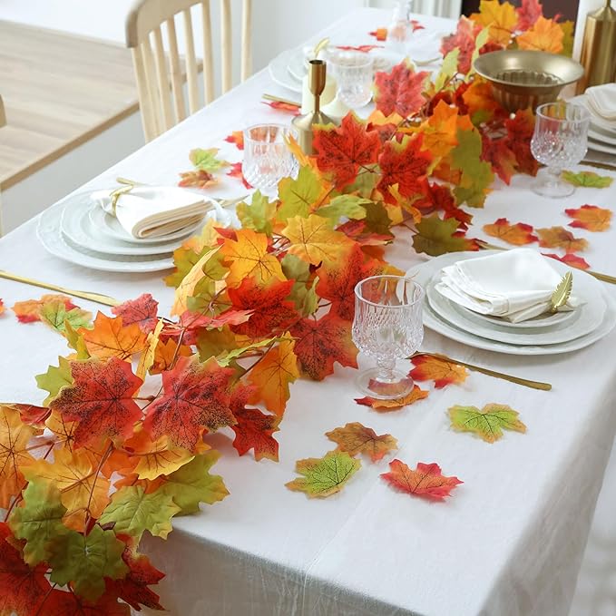 Mizii Fall Decor 5 Packs 390" Artificial Maples Vines Garland Fake Vine Fall Garland Silk Maple Leaves Faux Hanging Plants for Thanksgiving Porch Mantle Fireplace Farmhouse Harvest Decorations (Maple)