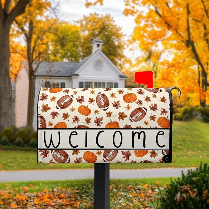 Fall Football Mailbox Cover Welcome Autumn Mailbox Covers Magnetic Standard Size 21x18 inch Pumpkin Maple Leaf Mail Box Wrap for Outside Garden