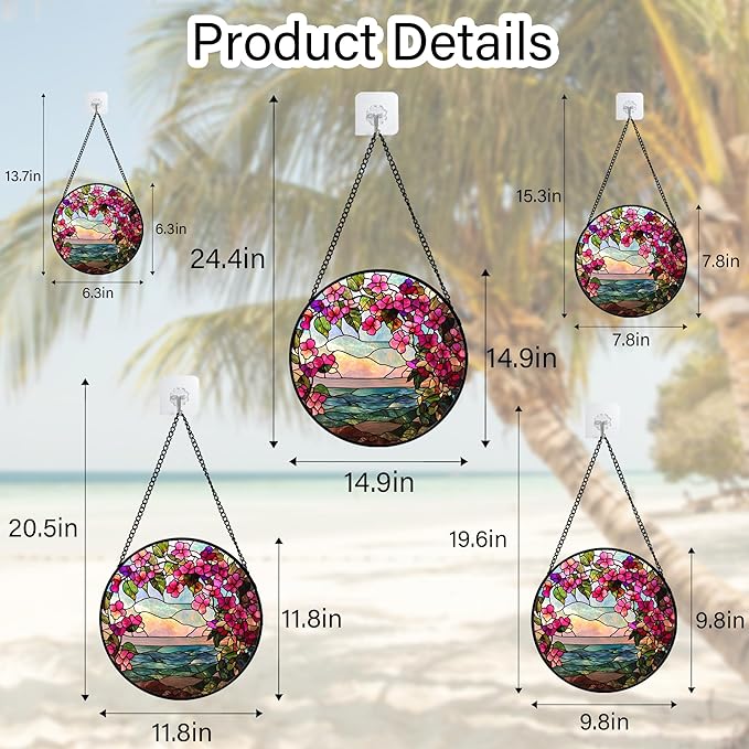 Stained Glass Window Hanging, Purple Flower Landscape Wreath Sun Catcher for Door Home Decor Plants Suncatcher Christmas Mother's Day Birthday Gifts for Women Men Mom Nana 7.8 in