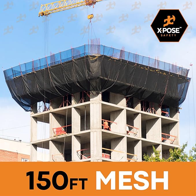 Xpose Safety Construction Safety Debris Netting - 150 Ft Temporary Material Roll, 1/4" Mesh Scaffold Net Enclosure, Visibility Barrier, Fencing Roll, Heavy Duty Fire Retardant 4 ft x 150 ft, Black