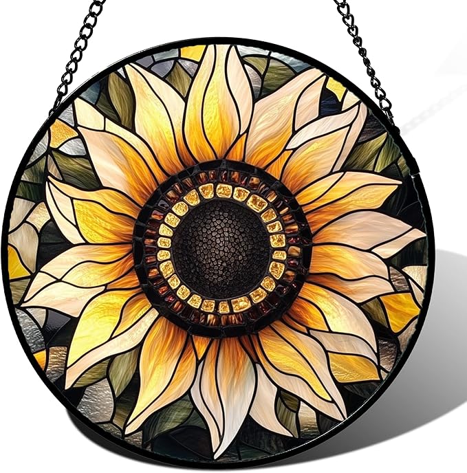 Stained Glass Window Hanging - Sunflower Suncatcher for Door Garden Patio Retro Flower Sun Catchers Decor Christmas Mother's Day Birthday Gifts for Women Mom Nana Friend Wife 9.8 in