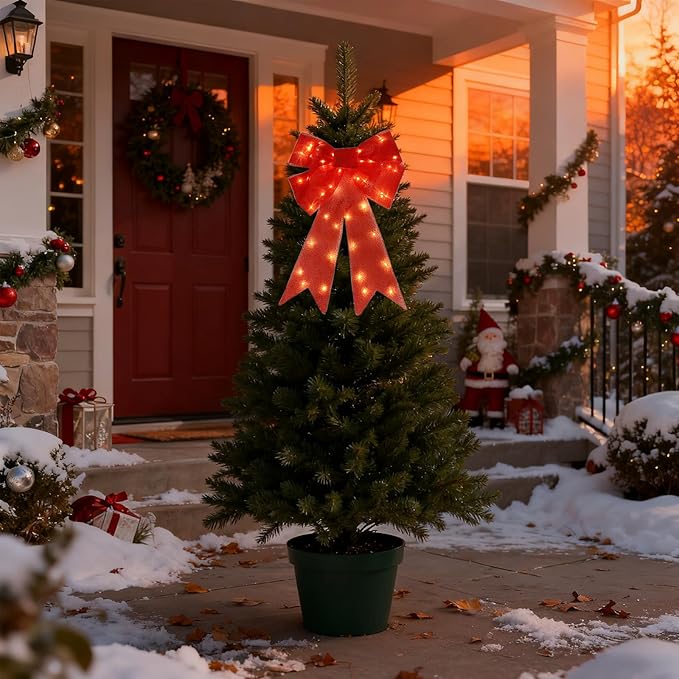 Christmas Bow Decorations Lighted Giant Christmas Bows Decoration 24 Inch Red Xmas Bows with LED Lights Xmas Tree Decorations Wreath Yard Décor Light for Indoor Outdoor Decor (2)