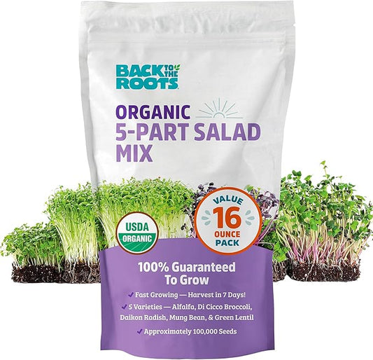 Back to the Roots 100% Organic 5-Part Salad Seeds | 1 Pound Non-GMO | Nutrient Dense, Easy to Grow, Rich in Fiber