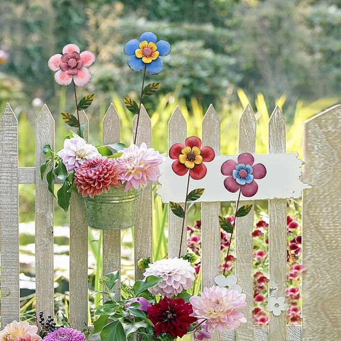 Veclotch 4Pcs Metal Flower Garden Stakes, 16"" H Rustic Flowers Yard Stake Decorative Spring Outdoor Garden Decor Planter Flower Pot Metal Flower Stick for Patio,Lawn,Yard,Pathway (Flower)
