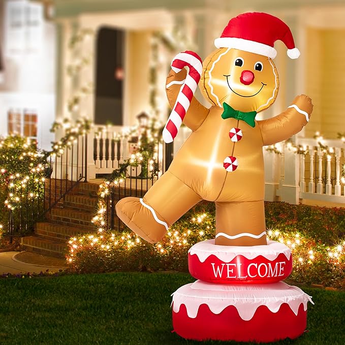 Glitzhome 6FT Inflatable Rotating Gingerbread Man with LED Lights, Christmas Yard Decoration with Candy Cane for Outdoor Indoor Xmas Party Decor