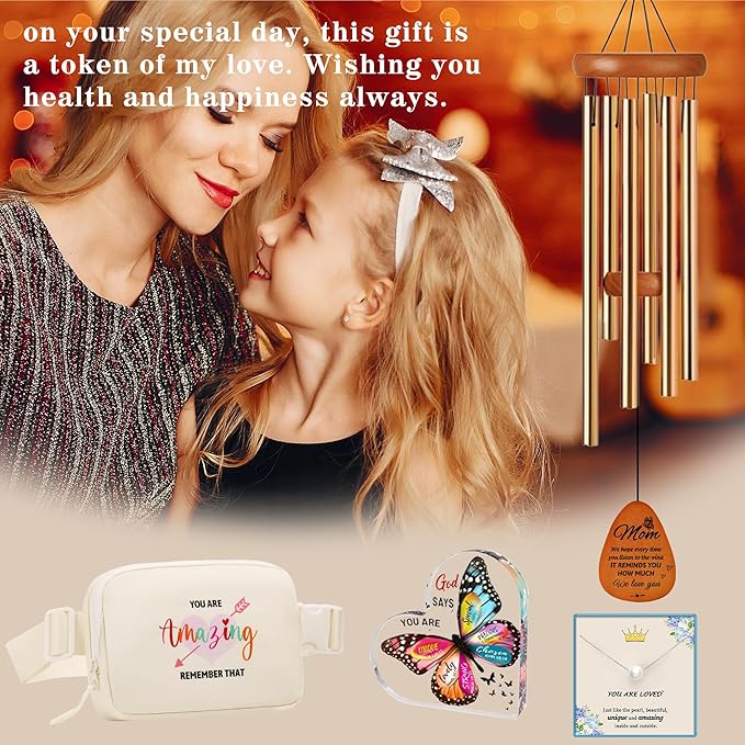 Gifts for Mom from Daughter, Gift Baskets for Women Best Mom Ever Wind Chimes Butterfly Inspirational Gifts Basket for Mum Easter