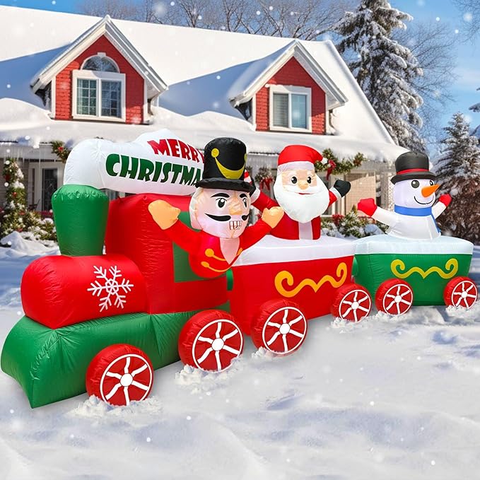 12 Ft Long 4 Ft Tall Christmas Inflatable Train with Nutcracker, Santa Claus and Snowman, Christmas Decorations Outdoor Blow Up Xmas Train Carriage with Build-in LEDs Holiday Party Garden Yard Decor