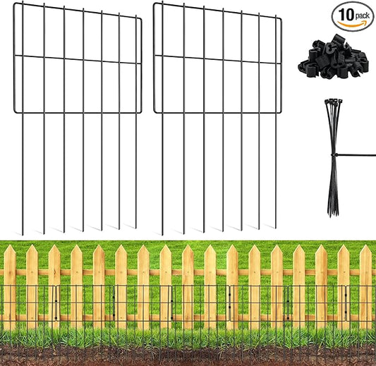 10 PCS Animal Barrier Fence, 17''(H) X 10.8 Ft(L), No Dig Garden Fencing Border for Small Dogs & Rabbits, Rustproof Metal, Decorative Fencing for Outdoor Landscape Yard Patio, 2‘’ Spike Spacing Fence