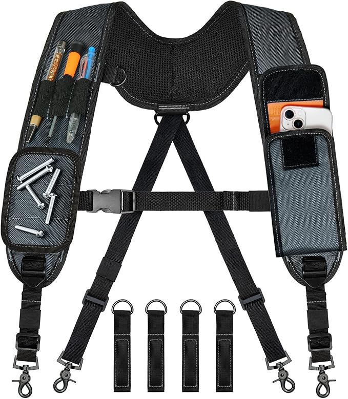 Tool Belt Suspenders, Tool Bag Suspenders, Work Belt Suspender with Magnetic Wristband and Loop Attachment, Padded Construction Suspender for Carpenter, Electrician, Framer, Blue-gray