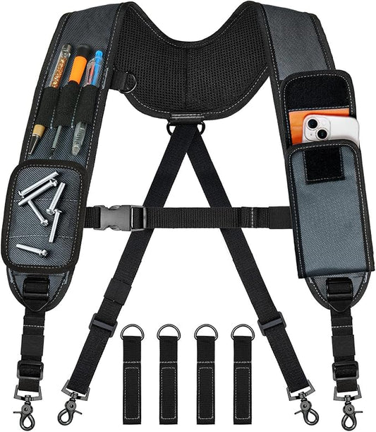 Tool Belt Suspenders, Tool Bag Suspenders, Work Belt Suspender with Magnetic Wristband and Loop Attachment, Padded Construction Suspender for Carpenter, Electrician, Framer, Blue-gray