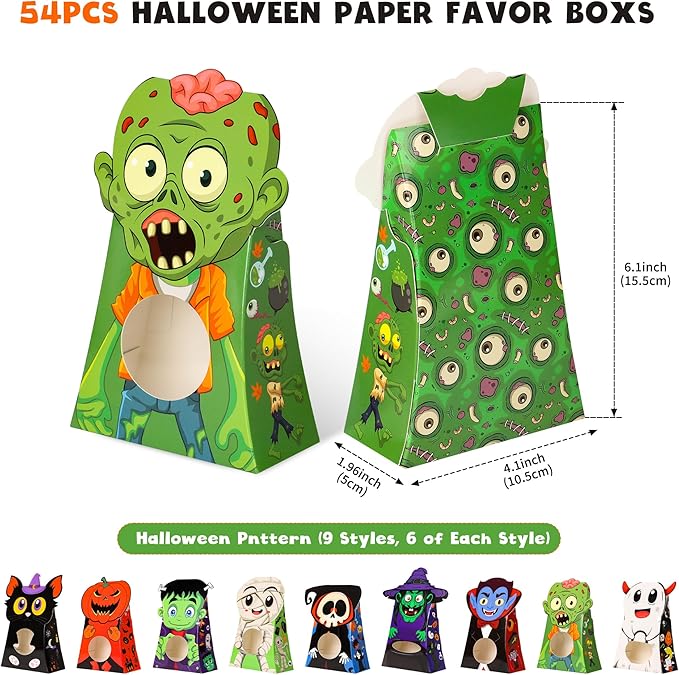 Giiffu 54-Pack Halloween Treat Boxes with Clear Window - 9 Designs Trick or Treat Candy Bags for Kids Party Favors Supplies, Classroom Exchange (6 x 4 x 2 Inches)