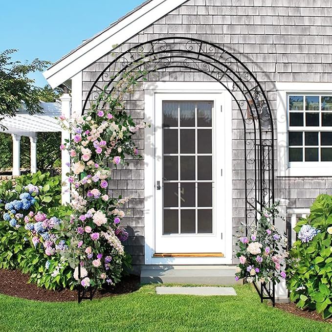 7FT Metal Garden Arch Trellis, Heavy Duty Metal Garden Arbor with Stakes for Climbing Plants Outdoor Patio, Double-Layered Trellis Arch for Wedding Ceremony Party, 59" x 84", Black, 13mm