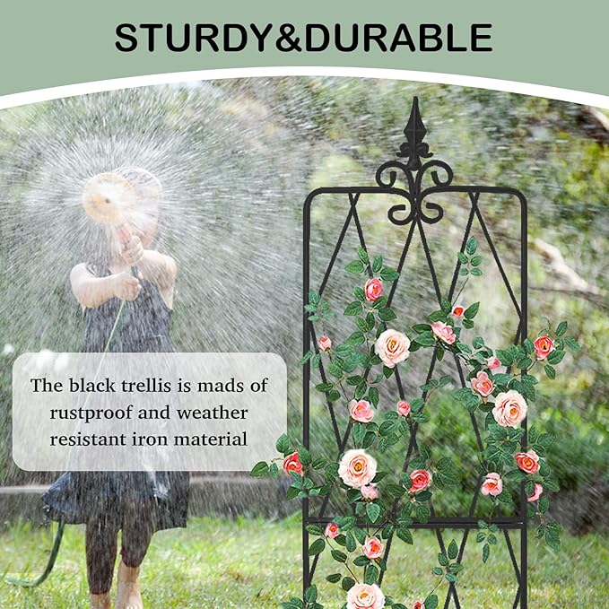 Garden Trellis for Climbing Plants Outdoor, Metal Garden Trellises, Decorative Garden Fencing Flower Trellis with Durable Powder Coating for Vines Plant Rose, Vegetable Support, Black (4, Pattern-A)