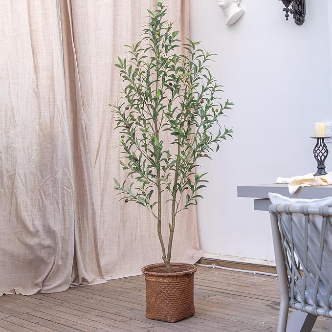 6FT Olive Tree Artificial Indoor, 72in Tall Faux Olive Tree with Pot, Fake Potted Tree with Fruits for Home Office Decor
