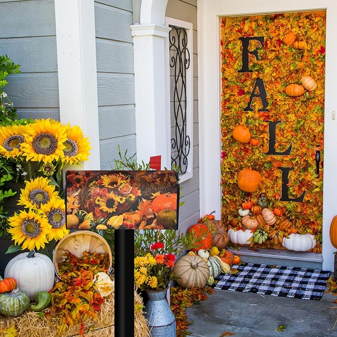Thanksgiving Bounty Cornucopia Mailbox Cover, Autumn Fall Pumpkin Waterproof Magnetic Letter Box Cover, Standard Size Sunflower Mail Wraps Post Garden Decorations 21" Lx 18" W