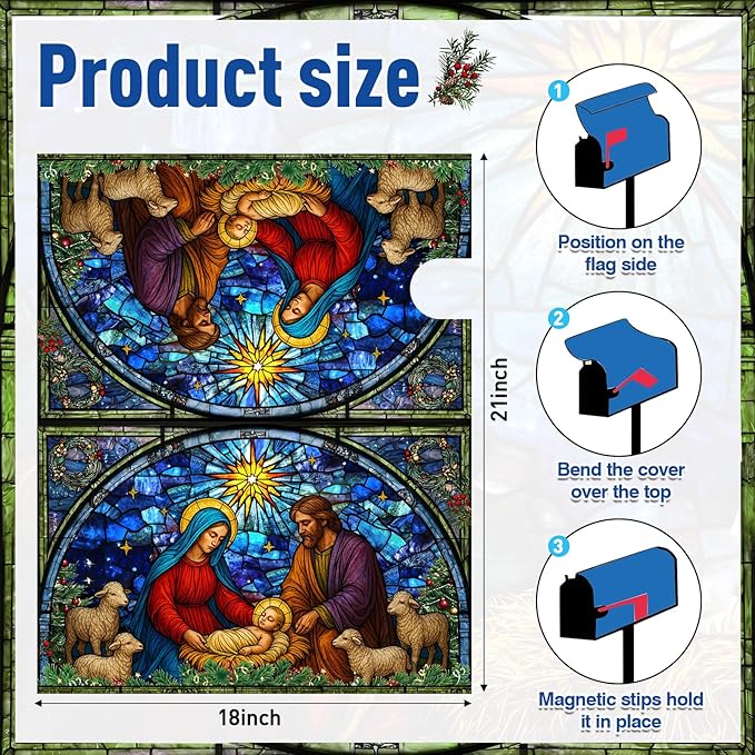 Blosssound Christmas Magnetic Mailbox Cover Standard Size 21 X18 Inch Xmas Windows Nativity Scene Mailbox Covers Decor Retro Religious Christmas Post Box Garden Yard Outdoor Decoration