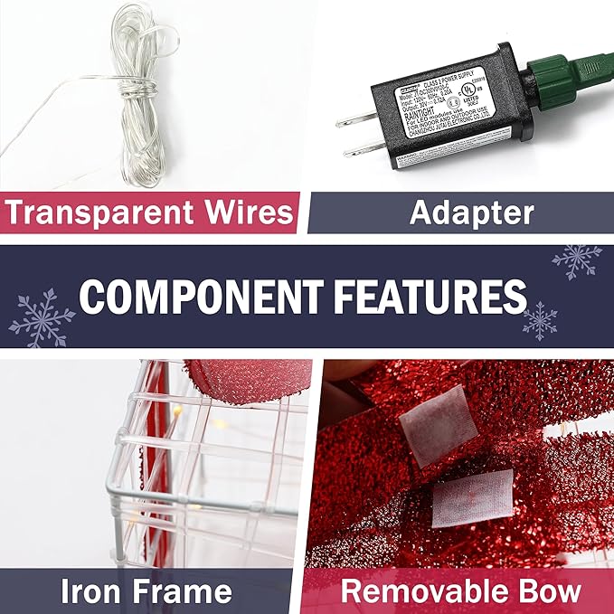 LuxenHome Set of 3 Lighted Gift Boxes, Plug-in Prelit Boxes with Red Ribbon Bows for Xmas Holiday Display, Lawn, Porch, Under Tree Indoor, Outdoor Christmas Decoration.