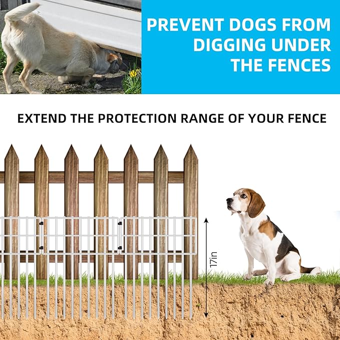 25 Panels Garden Fencing Animal Barrier, 17in (H) X 27ft (L) Dog Dig Fence Barrier, 1.25in Gap Rustproof Metal Stakes Decorative Garden Fence, Ground Defense Border for Outdoor, Yard, Patio, White