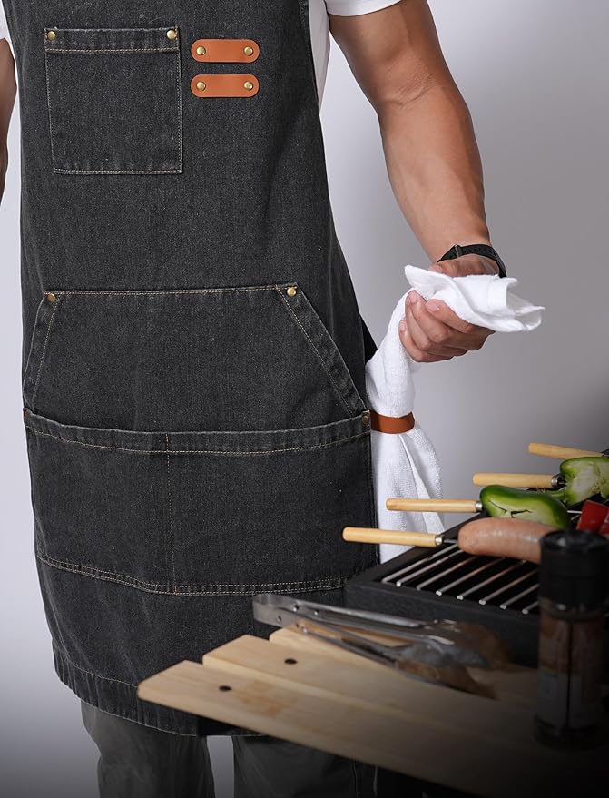 Denim Bbq Apron for Men Women with Pockets Adjustable Cross Back Chef Aprons for Kitchen Cooking Grilling Working