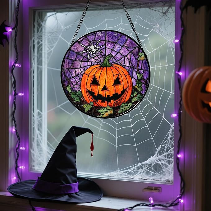 Stained Glass Window Hanging Halloween Golden Horror Pumpkin 11.8" - Suncatcher Door Garden Sunroom Black Spider Web Sun Catcher Birthday for Friend Mom Men Woman Nana
