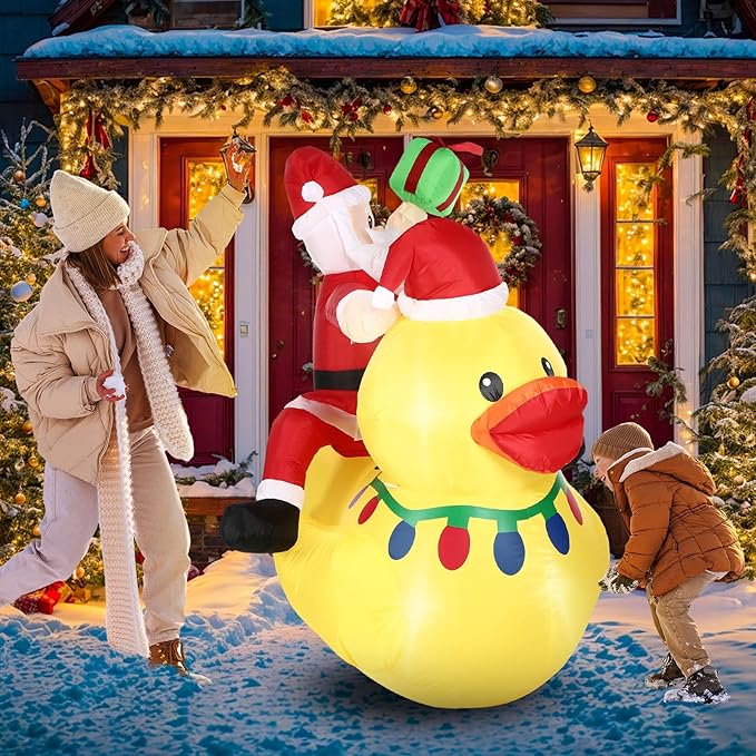 Leyndo 1 Set 5ft Christmas Inflatables Decoration Outdoor Santa Riding Duck Inflatables with Build-in Leds Lights Giant Blow up Duck with Santa Claus for Mall Garden Patio Lawn Indoor Party Xmas Decor