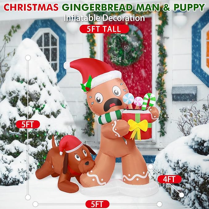 5FT Christmas Inflatable Gingerbread Man & Dog Outdoor Decoration, Christmas Funny Blow Up Yard Decoration, Built-in LED Lights Inflatables Xmas Holiday Décor for Indoor Lawn Garden
