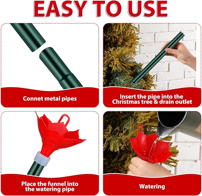 Tioncy Christmas Tree Watering System with Poinsettia Wide Opening Design Stainless Steel Christmas Tree Watering Funnel with Long Funnel Spout for Indoor and Outdoor Trees (Red)