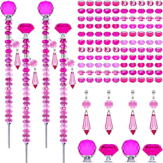 Exway 100 PCS DIY Fairy Wand Beaded Garden Stake Beads Kits with Rose Red Large Hole Beads 4 Crystal Stopper Top Threaded Rods and 4 Rose Red Sparkling Crystal Pendants for Outdoor Indoor Decor