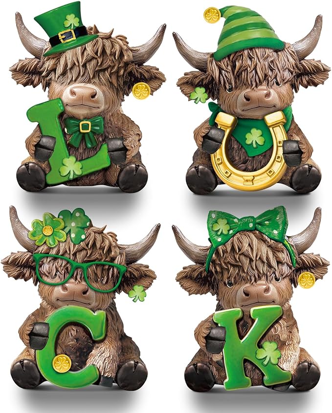 Sosation 4 Pcs Luck Highland Cow Figurines St Patricks Day Highland Cow Gnomes Irish Shamrock Scottish Resin Statue Calf Lovers Gifts for Home Garden Kitchen Office Tiered Tray Table Decor