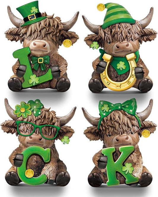 Sosation 4 Pcs Luck Highland Cow Figurines St Patricks Day Highland Cow Gnomes Irish Shamrock Scottish Resin Statue Calf Lovers Gifts for Home Garden Kitchen Office Tiered Tray Table Decor