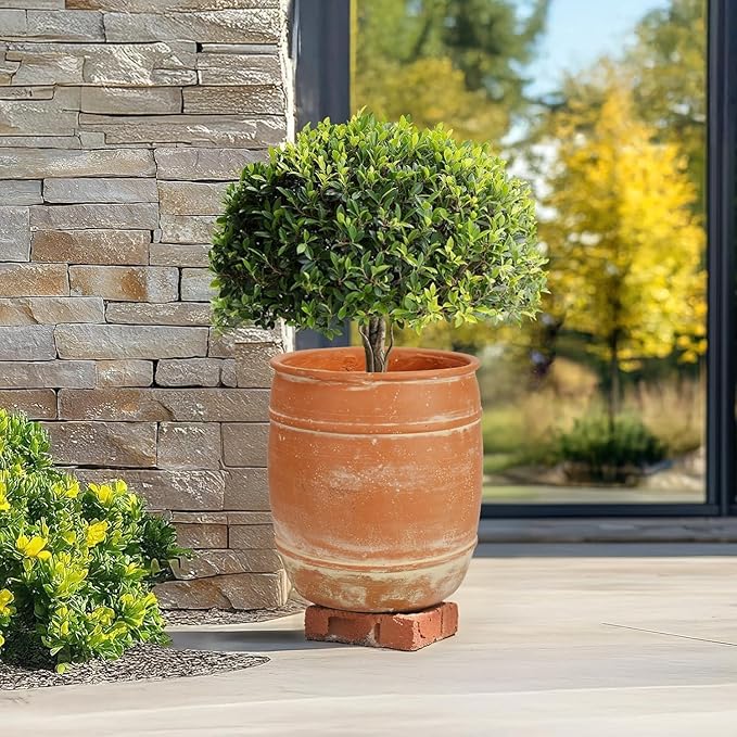 11" H x 9.5" Dia Fiberstone Planter – Rustic Terracotta-Style Flower Pot with Drainage Hole, Aged Clay Look Decorative Plant Container for Indoor Outdoor Patio Garden Home Décor