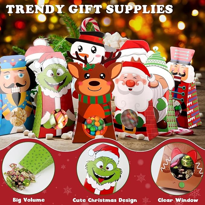 Giiffu 54-Pack Christmas Treat Boxes with Clear Window, 9 Assorted Holiday Designs Small Candy & Goodie Boxes for Classroom Gifts, Party Favors & Holiday Treat Wrapping (7.5 x 4 x 2 Inches)