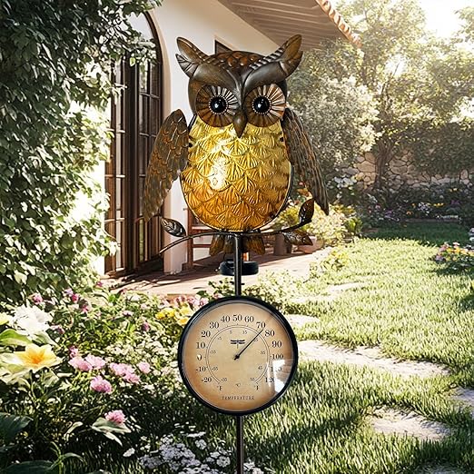 HONGLAND Solar Outdoor Temp Stakes Outdoor Thermometers for Outside Metal Owl Waterproof Patio Lawn Temperature with Solar Warm LED Lights for Yard and Garden, Holiday Gifts for Man Woman
