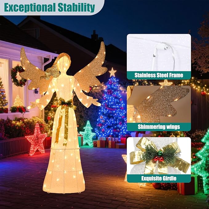 5 FT Christmas Angel Outdoor Decorations, 3D Pre-lit Glittered Angel with Bow and Ground Stakes Collapsible Winged Christmas Angel for Indoor Outdoor Garden Yard Lawn Holiday Display