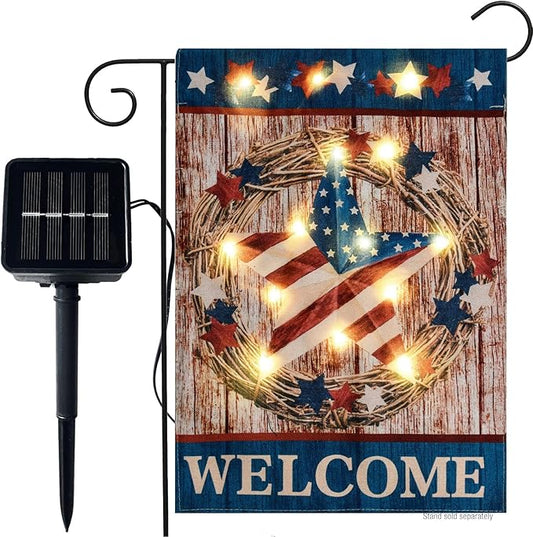 Welcome Patriotic Barn Star Garden Flag with Lights- Solar LED Burlap Mini Small All Seasons Garden Flag Welcome Sign 12x18 Double Sided for Outside Outdoors Patio Lawn Yard Decoration Farmhouse