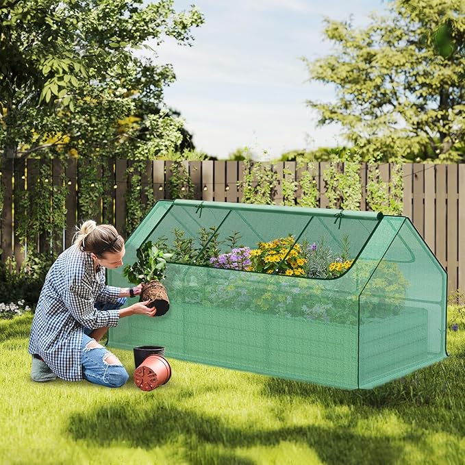 Aoodor 6ft. x 3ft. x 1ft. Raised Garden Metal Bed Mini Greenhouse Kit with 2 Roll-up Zipper Doors, for Vegetables Herbs and Flowers