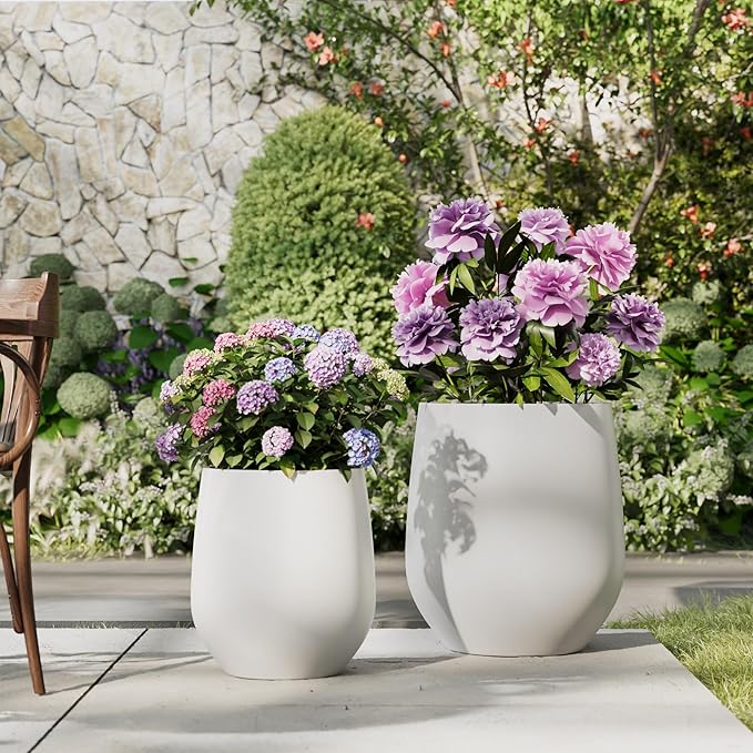 DTY Signature Mount Wilson Lightweight and Durable Modern Fiberstone Tapered Planter for Indoor Outdoor Drainage Hole & Rubber Plug Weather Resistant, 16.7" H x 15" Dia, 11.7" Opening - Medium, White
