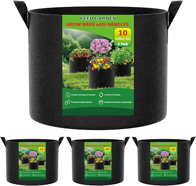 FEED GARDEN 10 Gallon Grow Bags – 4 Pack Heavy Duty Nonwoven Fabric Pots for Vegetables, Tomatoes, Herbs – Breathable Reusable Plant Containers for Indoor & Outdoor Gardening