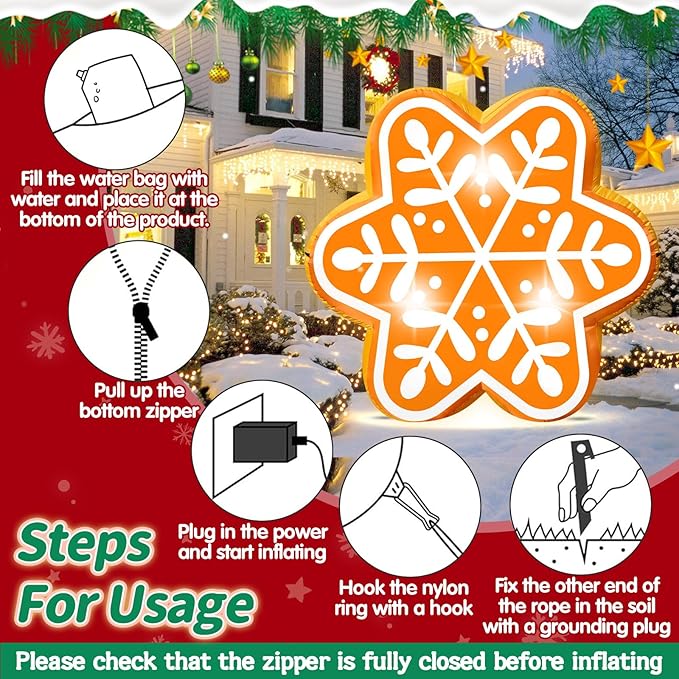 5FT Christmas Inflatable Snowflake Gingerbread Blow-up Giant Gingerbread Snowflake Built-in 3 LED Lights for Christmas Inflatables Outdoor Decorations Winter Xmas Party Decor for Yard Garden Lawn