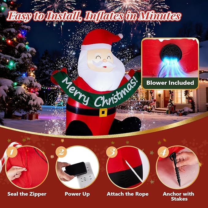 VINGLI 5.8ft Cute Santa Claus Inflatable, Inflatable Santa Holding Banner Christmas Blow ups Yard Decoration, Outdoor Inflatables with LED Lights for Outdoor, Lawn, Garden, Xmas Holiday Decor