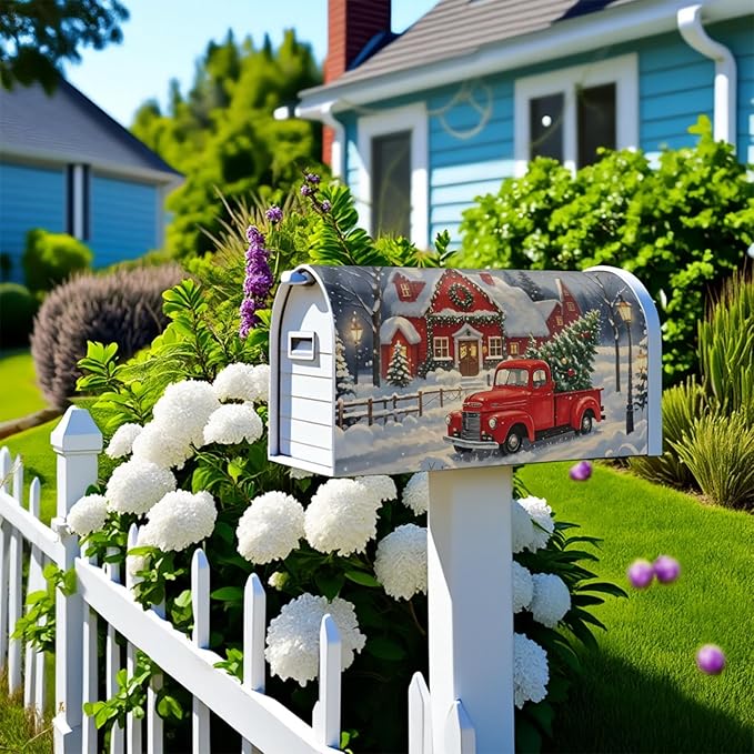 Christmas Mailbox Covers Magnetic Standard Size Red Truck House Xmas Winter Scene Mailbox Wraps Holiday Themed Outdoor Decorative Letter Box Cases for Home Garden Outside Decor, 21x18 Inch