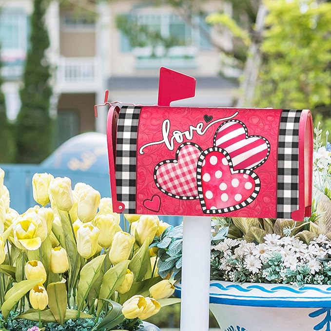 Valentine's Day Mailbox Covers Magnetic Standard Size 21 X 25.5 Inch Red Pink Love Hearts Magnetic Mailbox Cover Valentine Mailbox Wraps Post Box Cover Decoration Outdoor Garden Home Yard Outside