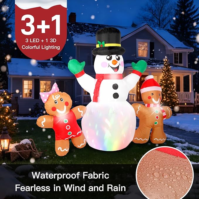 6FT Christmas Inflatables Decorations Outdoor，Blow Up Christmas Snowmen and Gingerbread Men with Built-in LEDs Lights for Indoor Holiday Party Yard Garden Lawn Décor