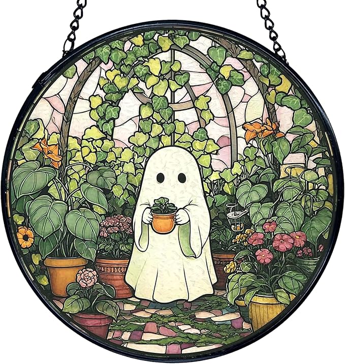 TNUW Halloween Ghost Stained Glass Window Hanging, Halloween Ghost Plant Sun Catchers Indoor Window Glass Round Wall Art Decor, Plant Lover Gifts for Women Wall Hanging Decorations, 7.9＂x7.9＂