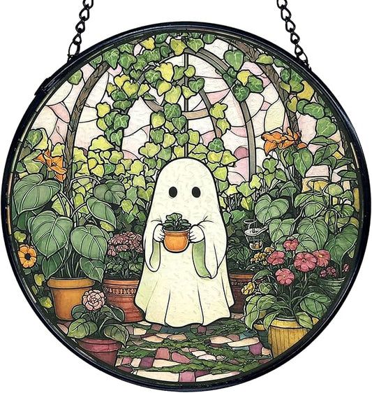 TNUW Halloween Ghost Stained Glass Window Hanging, Halloween Ghost Plant Sun Catchers Indoor Window Glass Round Wall Art Decor, Plant Lover Gifts for Women Wall Hanging Decorations, 7.9＂x7.9＂